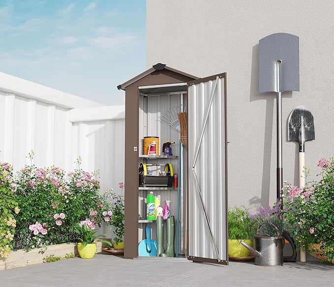 Outdoor Metal Storage Shed, Waterproof Garden Tool Shed with Lock, Galvanized Steel Utility Cabinet, Weather-Resistant Storage Locker for Backyard, Patio, Garage Tools Organization (Brown)