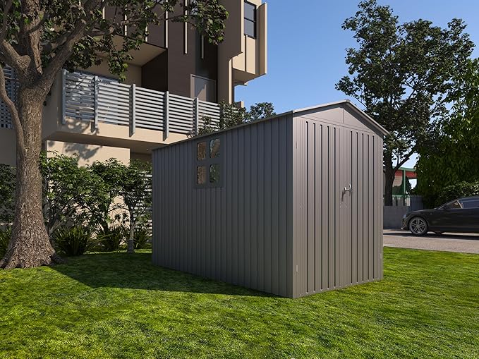 Motorcycle Steel Storage Shed with Window & Tracks,Outdoor Weather-Resistant Storage Box for Bikes, Tools, Sports Equipment,Easy Assembly, 121" W Gray