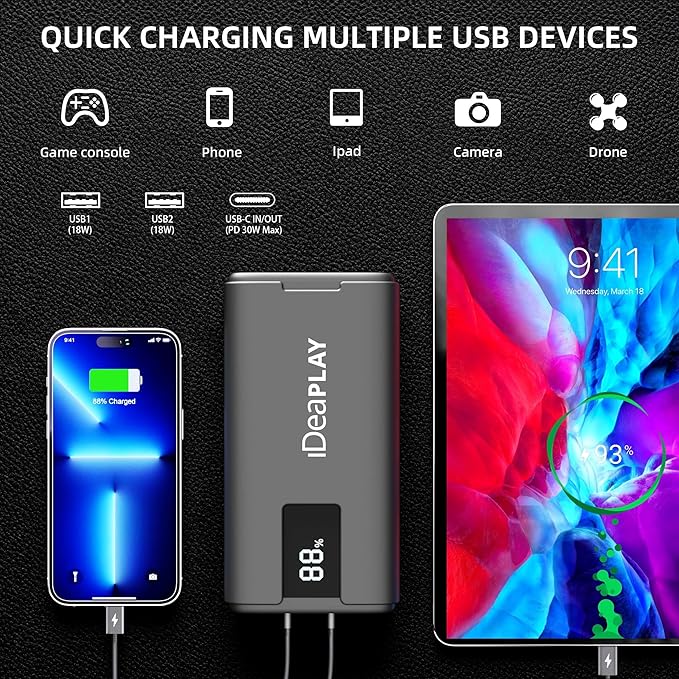 IDEAPLAY J10 Jump Starter, 2000A 12V Car Battery Jump Starter Portable for Up to 8.0L Gas and 7.0L Diesel Engine, Jump Box with Jumper Cables, Type C Fast Charging Battery Jumper with LED Flashlight