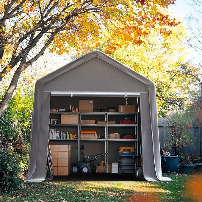Quictent Heavy Duty 8x12FT Carport Shelter with Roll-Up Mesh Windows & Reinforced Frame, Portable Garage Canopy for Motorcycle Storage, Outdoor Equipment, Patio Furniture Cover - Silver Gray