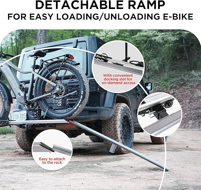 Rockland 1-Ebike Rack with Ramp,100 lbs Capacity, Single Hitch Mount Electric Bike Rack, Fits up to 5" Fat Tire Width and 50" Wheelbase, Ebike Carrier Rack for 2" Receiver for Cars SUVs Vans RVs