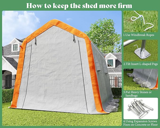AMERLIFE 8x10x8 FT Heavy Duty Portable Shed Storage Shelter, Outdoor Storage Shed with 4 Waterproof Windows & Roll-Up Zipper Door, Carport for Motorcycle, Bike, Grey