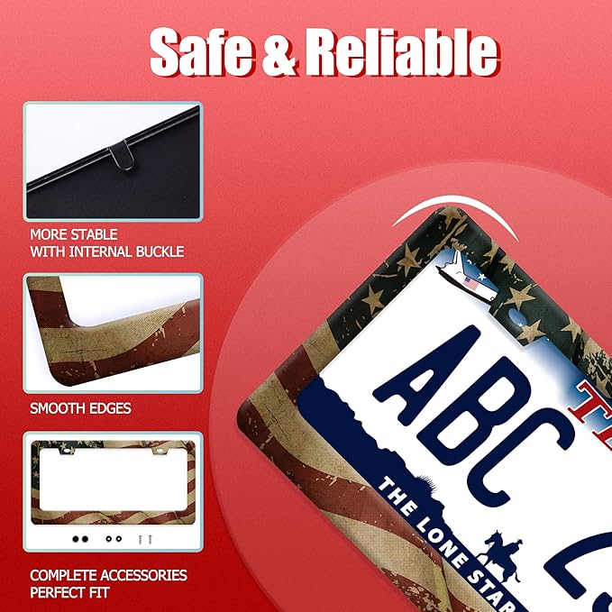 Vintage American Flag License Plate Frame Usa Flag License Plate Frames Funny Stainless Steel Accessories Cars Decor With 2 Holes Screws Fits Standard Us Ca Vehicles License Plate Holder 12.2 X 6 Inch