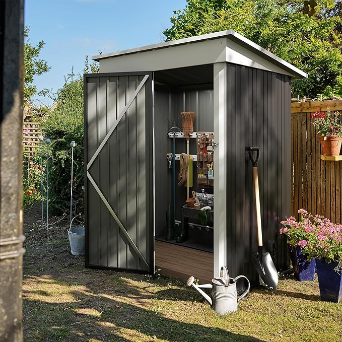 Devoko Outdoor Storage Shed 5 x 3 FT Lockable Metal Garden Shed Steel Anti-Corrosion Storage House with Single Lockable Door for Backyard Outdoor Patio (Gray)