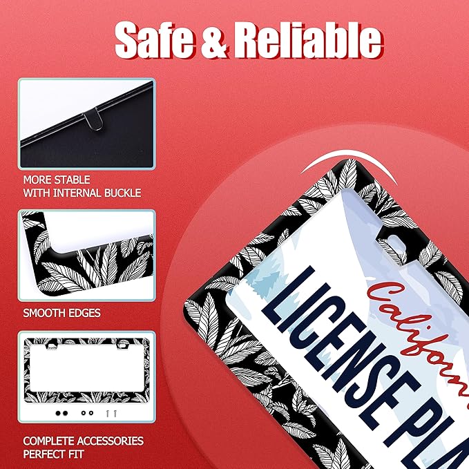 Black White Tropical Leaf License Plate Frame License Plate Stainless Steel Auto Parts License Plate Decorative with Screws Size 12.3" x 6.3" for Men Women