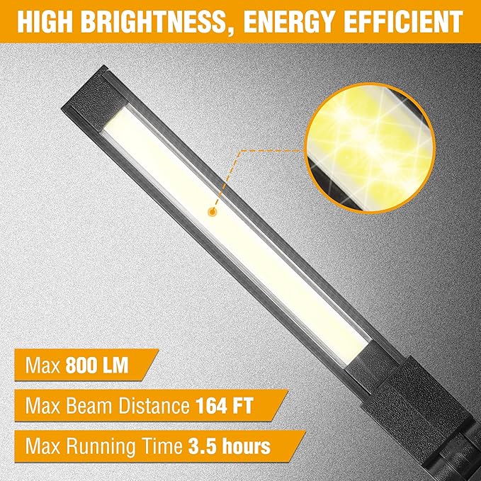 EverBrite 2 Pack LED Rechargeable Work Light, 800LM COB Foldable Flashlight, Magnetic Work Lights with Hanging Hook, 360° & 270° Rotation, 4 Power Indicator Lights - for Car Repair, Home, Emergency