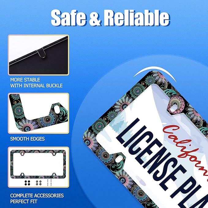 Mandala Flower License Plate Frame License Plate Stainless Steel Parts Funny License Plate Decorative with Screws Size 12.3" x 6.3" for Men Women