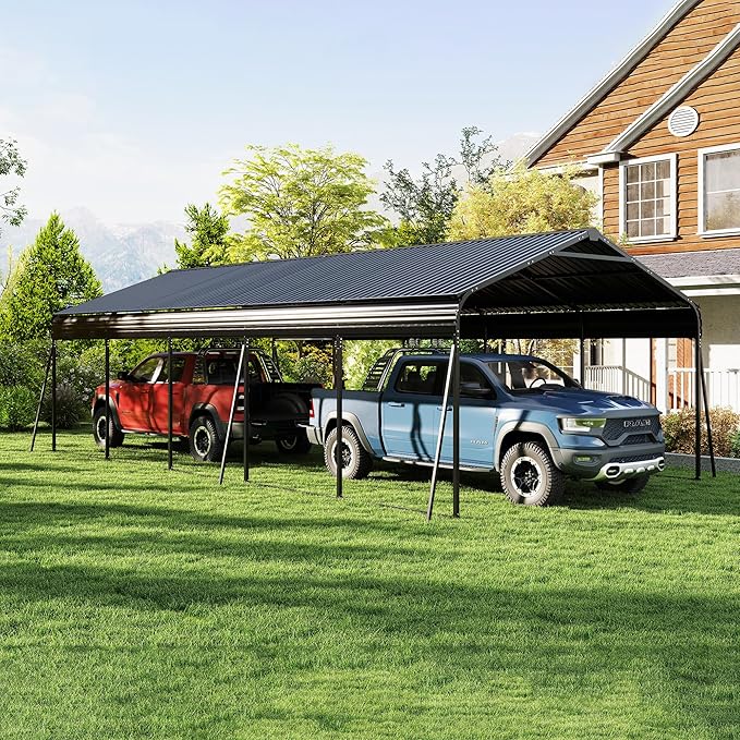 13x26.5 FT Metal Carport, Heavy Duty Car Port Canopy with Galvanized Steel Roof & Frame, Oversized Metal Carport Kit with Hooks, Steel Car Shelter, Outdoor 2 Car Garage for Car, Boat, Truck, Dark Gray