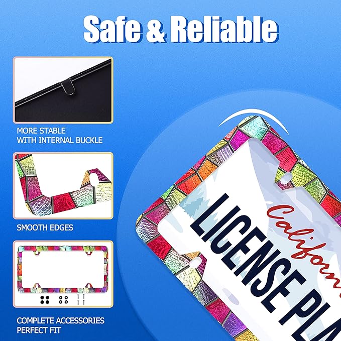 Pretty Cut Glass License Plate Frame Colorful License Plate Stainless Steel Parts Funny License Plate Decorative with Screws Size 12.3" x 6.3" Men Women
