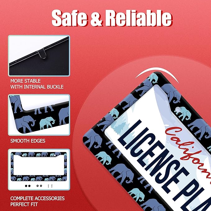 Elephant Family License Plate Frame Animal License Plate Stainless Steel Parts Colorful License Plate Decorative with Screws Size 12.3" x 6.3" Men Women