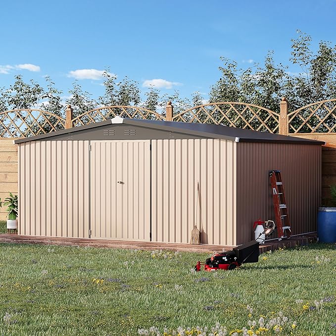 U-MAX 10' x 12' Outdoor Storage Shed Clearance, 10x12 Large Metal Garden Shed Yard Steel Shed with Design of Lockable Doors, Tool and Utility Storage for Backyard, Garden, Patio, Outside use Taupe