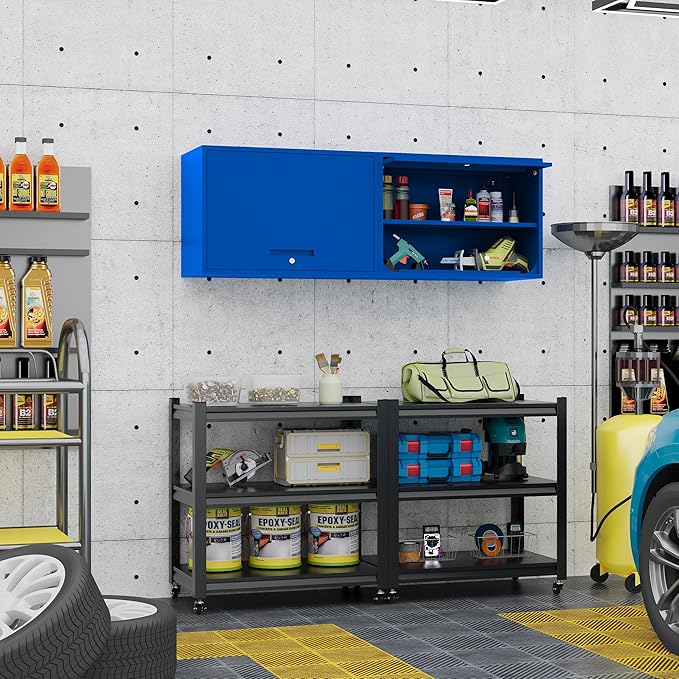 Metal Storage Cabinet Blue Wall Cabinets with Shelf and Locking Door - Wall Mounted Storage Cabinet for Garage Warehouse Home Office - Assembly Required