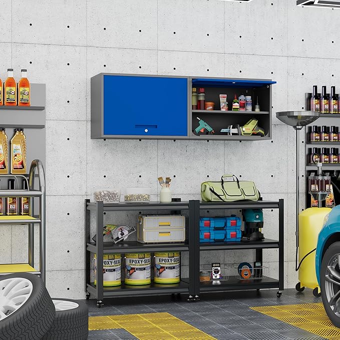 Metal Storage Cabinet Blue&Gray Wall Cabinets with Shelf and Locking Door - Wall Mounted Storage Cabinet for Garage Warehouse Home Office - Assembly Required