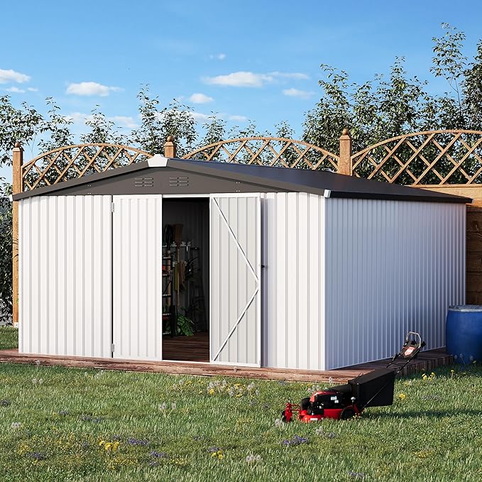 AECOJOY 12' x 12' Outdoor Storage Shed, Large Metal Sheds & Outdoor Storage Clearance Steel Yard Shed with Lockable Doors, Utility and Tool Storage Garden Shed for Backyard, Patio and Outside