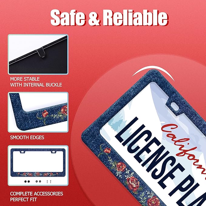 Flower Blue Jean Design License Plate Frame Personalized License Plate Stainless Steel Parts Funny License Plate Decorative with Screws Size 12.3" x 6.3" Men Women
