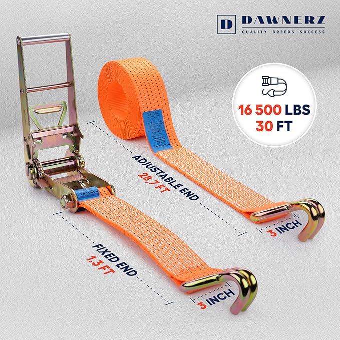 Heavy Duty Ratchet Straps 3 inch x 30 ft - 16,500 Lb Breaking Strength Tie Downs Ratchet Straps with Double Wire J Hooks for Truck and Trailer