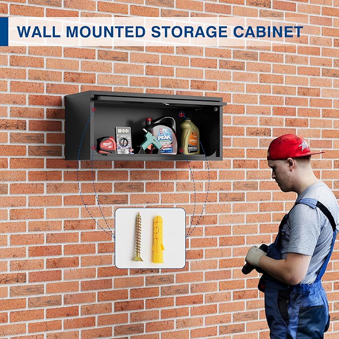 Metal Storage Cabinet Black Wall Cabinets with Locking Door - Wall Mounted Storage Cabinet for Garage Warehouse Home Office - Assembly Required