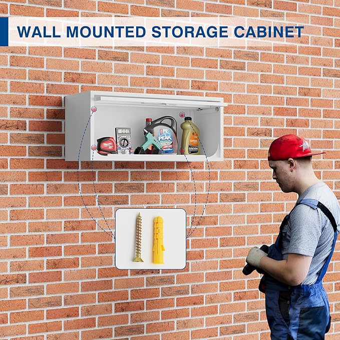 Metal Storage Cabinet White Wall Cabinets with Locking Door - Wall Mounted Storage Cabinet for Garage Warehouse Home Office - Assembly Required