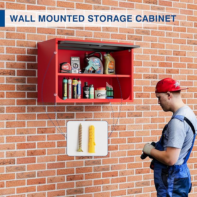 Metal Storage Cabinet Black Red Wall Cabinets with Shelf and Locking Door - Wall Mounted Storage Cabinet for Garage Warehouse Home Office - Assembly Required