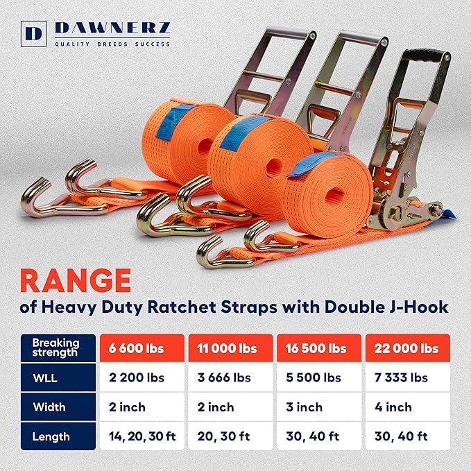 Heavy Duty Ratchet Straps 2 inch x 27 ft - 6600 Lb Breaking Strength Tie Downs Ratchet Straps with Double Wire J Hooks for Truck and Trailer
