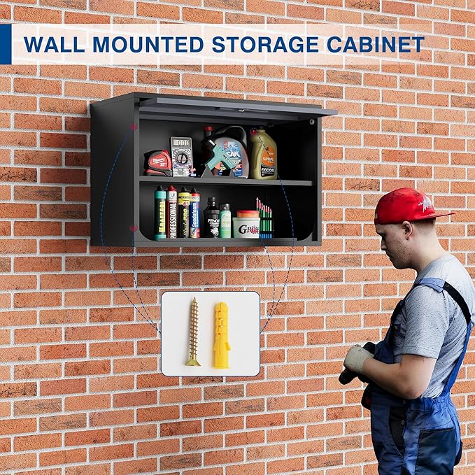 Metal Storage Cabinet Black&Gray Wall Cabinets with Shelf and Locking Door - Wall Mounted Storage Cabinet for Garage Warehouse Home Office - Assembly Required