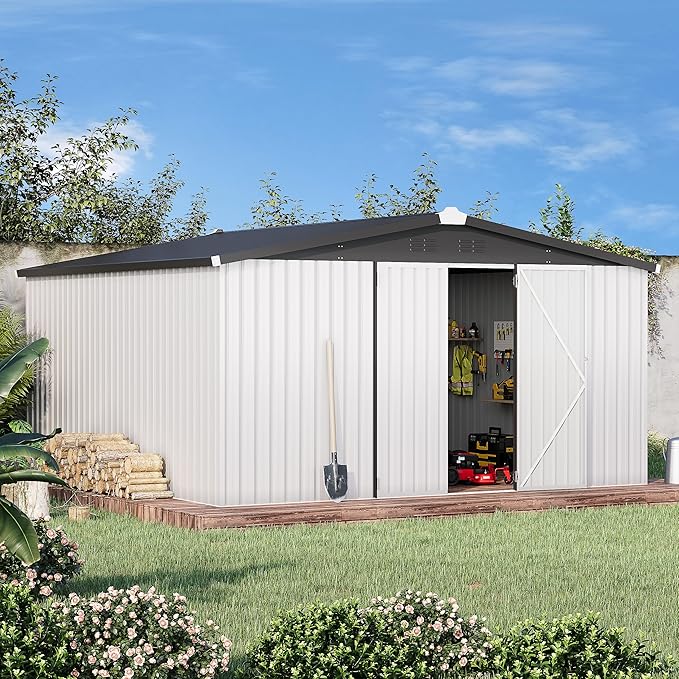 U-MAX 10' x 10' Shed Outdoor Storage Shed Clearance, Large Metal Garden Shed Yard Steel Shed with Design of Lockable Doors, Tool and Utility Storage for Backyard, Garden, Patio, Outside use White