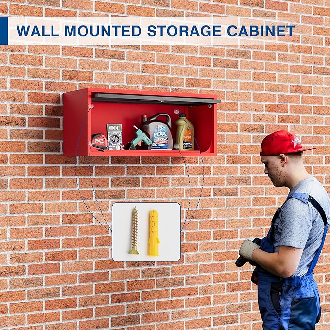 Metal Storage Cabinet Black&Red Wall Cabinets with Locking Door - Wall Mounted Storage Cabinet for Garage Warehouse Home Office - Assembly Required