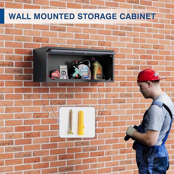 Metal Storage Cabinet Black&Gray Wall Cabinets with Locking Door - Wall Mounted Storage Cabinet for Garage Warehouse Home Office - Assembly Required