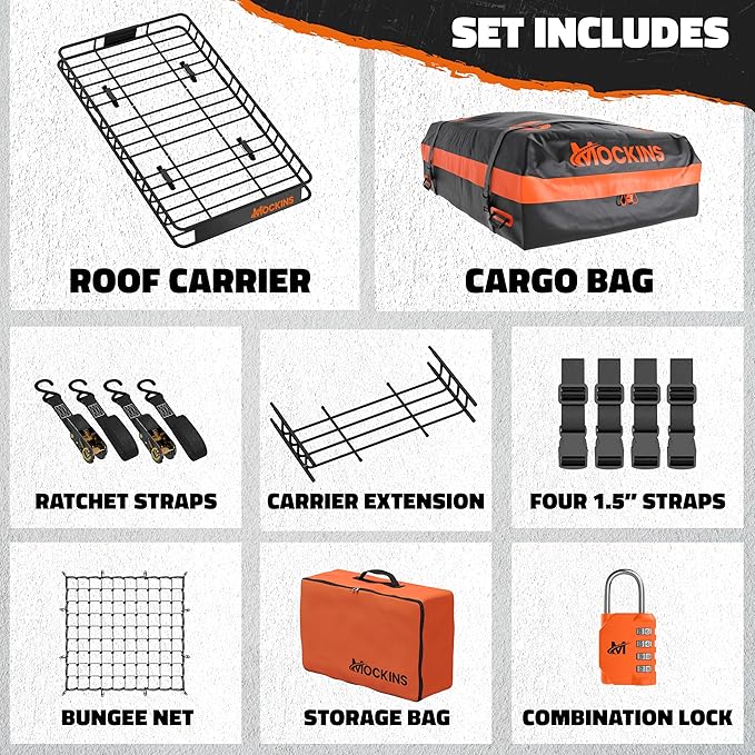 Mockins 64"x39"x6" Heavy Duty Roof Rack Cargo Carrier for Top of Vehicle w/ 20 CuFt Waterproof Rooftop Cargo Bag | 250Lbs Cap Extendable Roof Basket Luggage Rack for SUV, Car, RV & Van w/Accessories