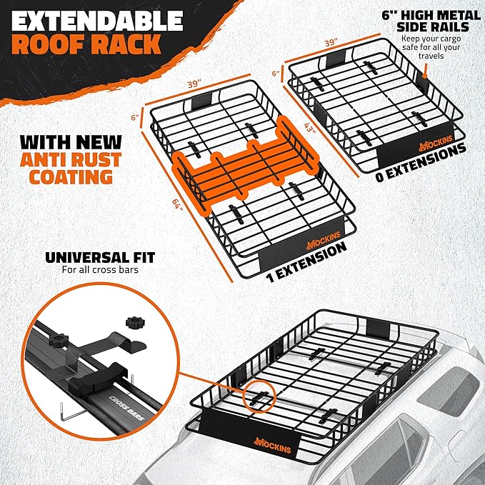 Mockins 64"x39"x6" Heavy Duty Roof Rack Cargo Carrier for Top of Vehicle w/ 20 CuFt Waterproof Rooftop Cargo Bag | 250Lbs Cap Extendable Roof Basket Luggage Rack for SUV, Car, RV & Van w/Accessories