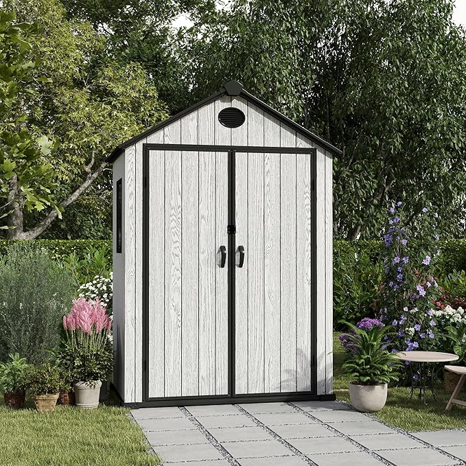 5.3x3.4 FT Resin Outdoor Storage Shed, 135 Cuft Garden Tool Sheds & Outdoor Storage Plastic Shed with Floor, 7FT Tall Backyard Outside Lawn Mower Storage Shed with Side Window, Cemented Grey